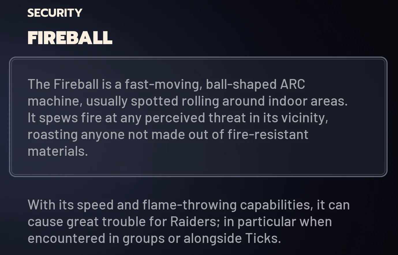 ARC Raiders Fireball ingame codex card.