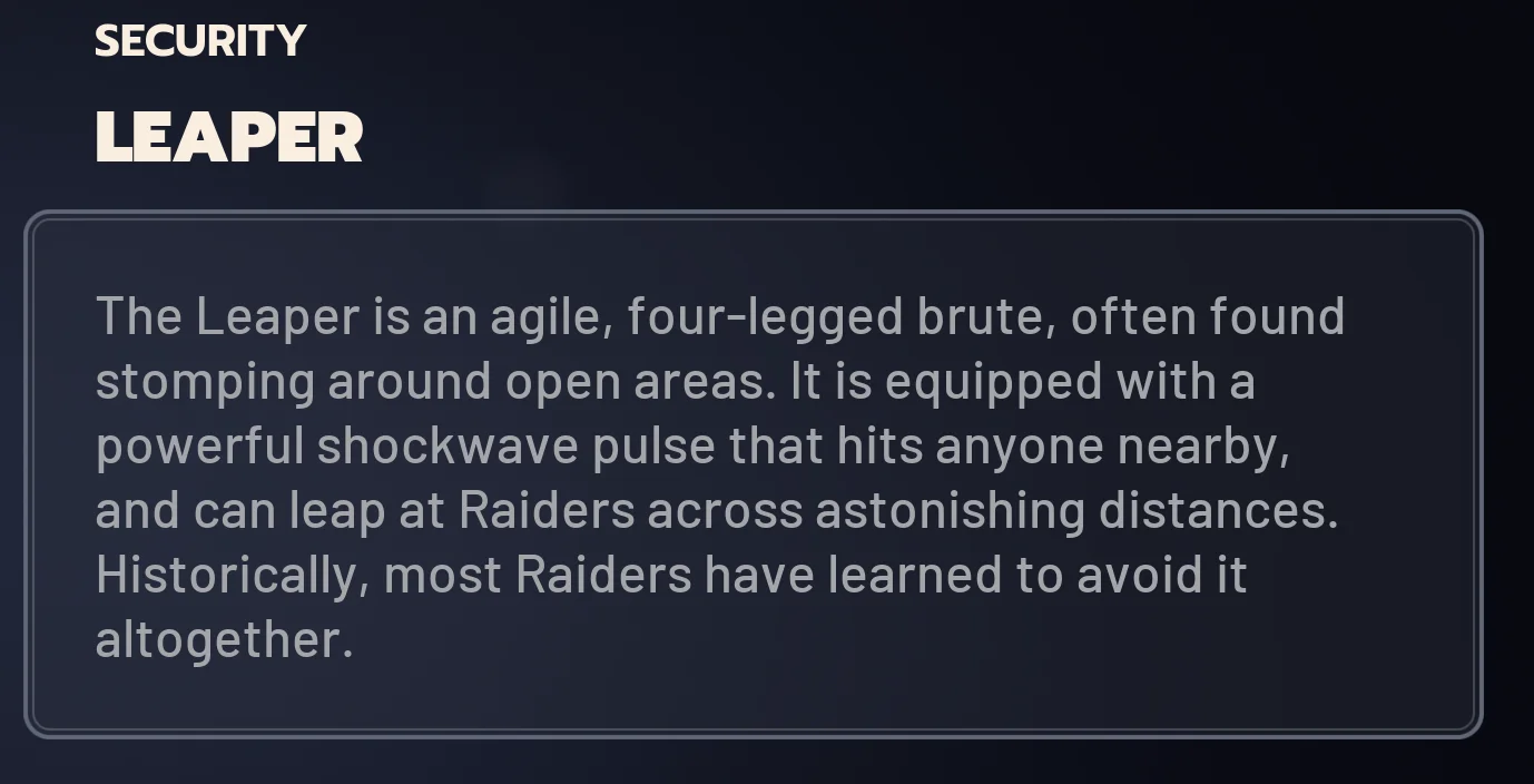ARC Raiders Leaper ingame codex card.