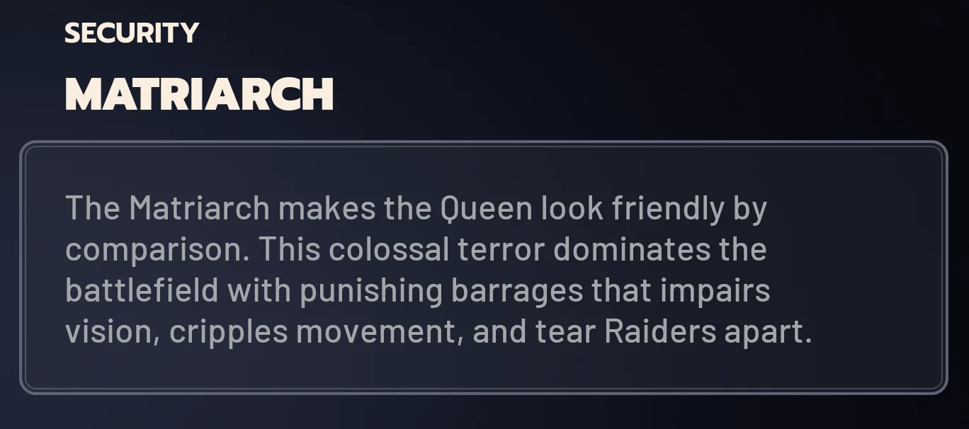 ARC Raiders Matriarch ingame codex card.