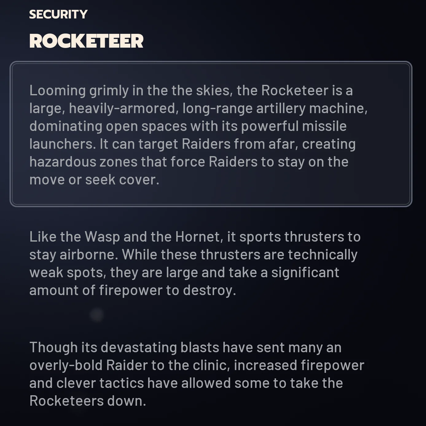 ARC Raiders Rocketeer ingame codex card.