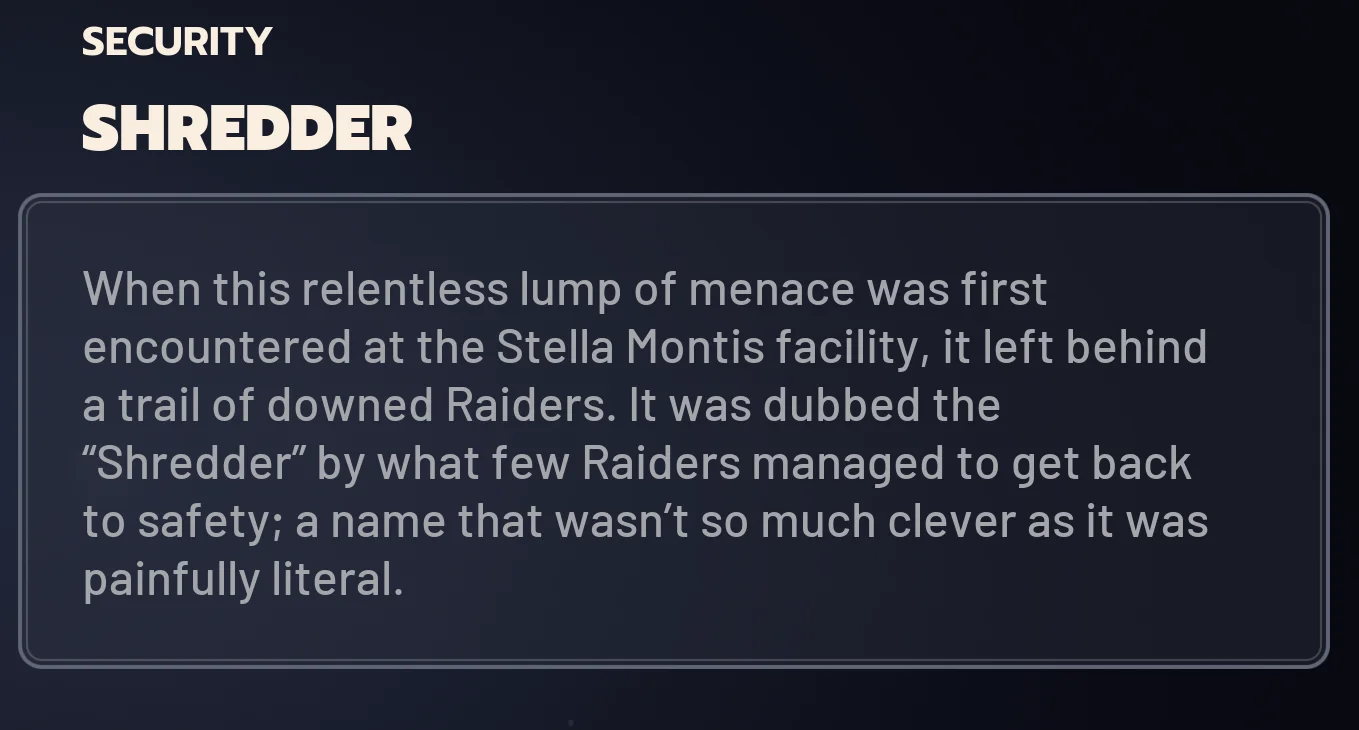 ARC Raiders Shredder ingame codex card.