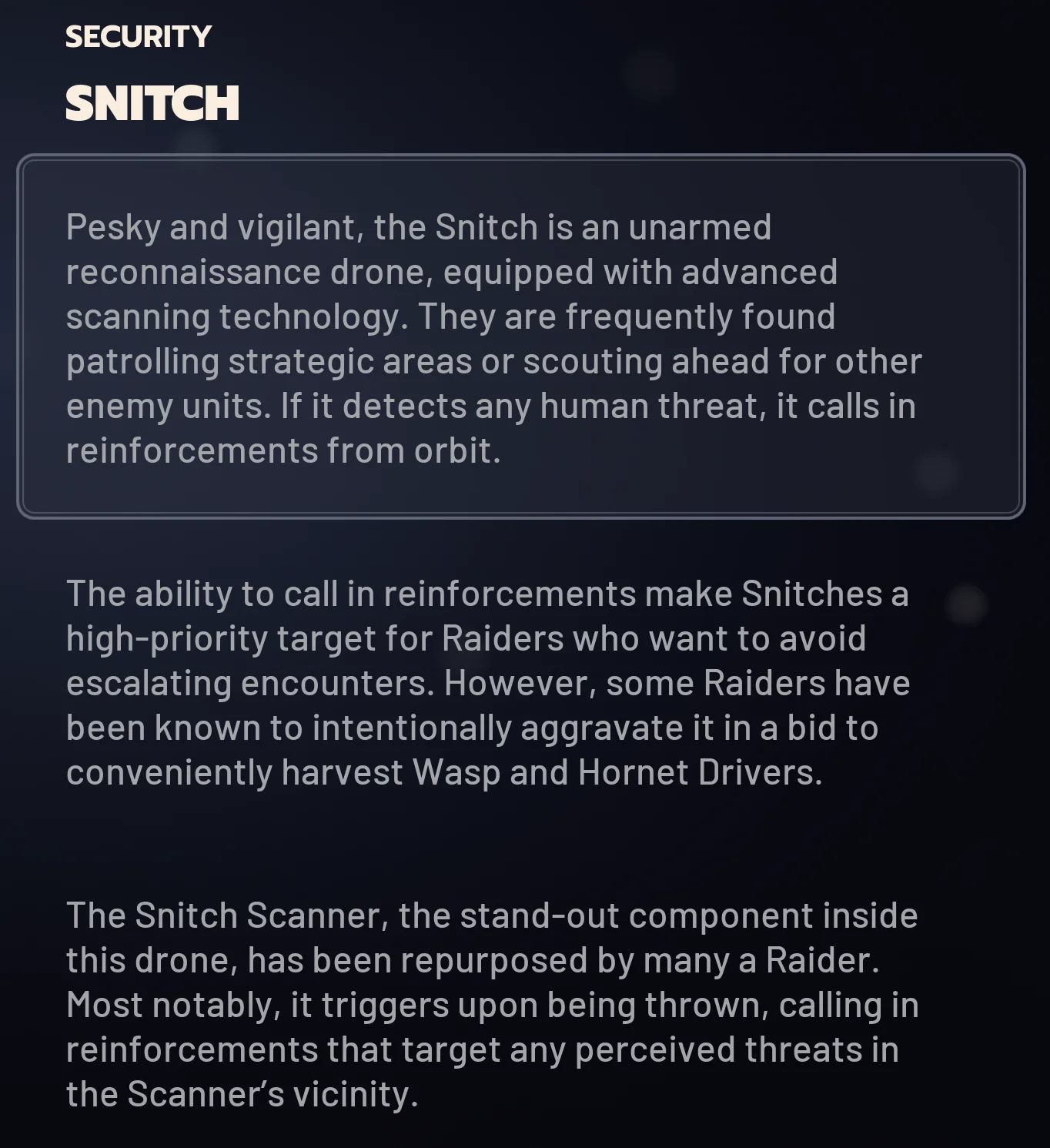 ARC Raiders Snitch ingame codex card.