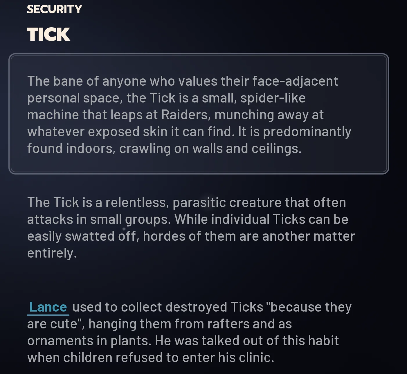 ARC Raiders Tick ingame codex card.